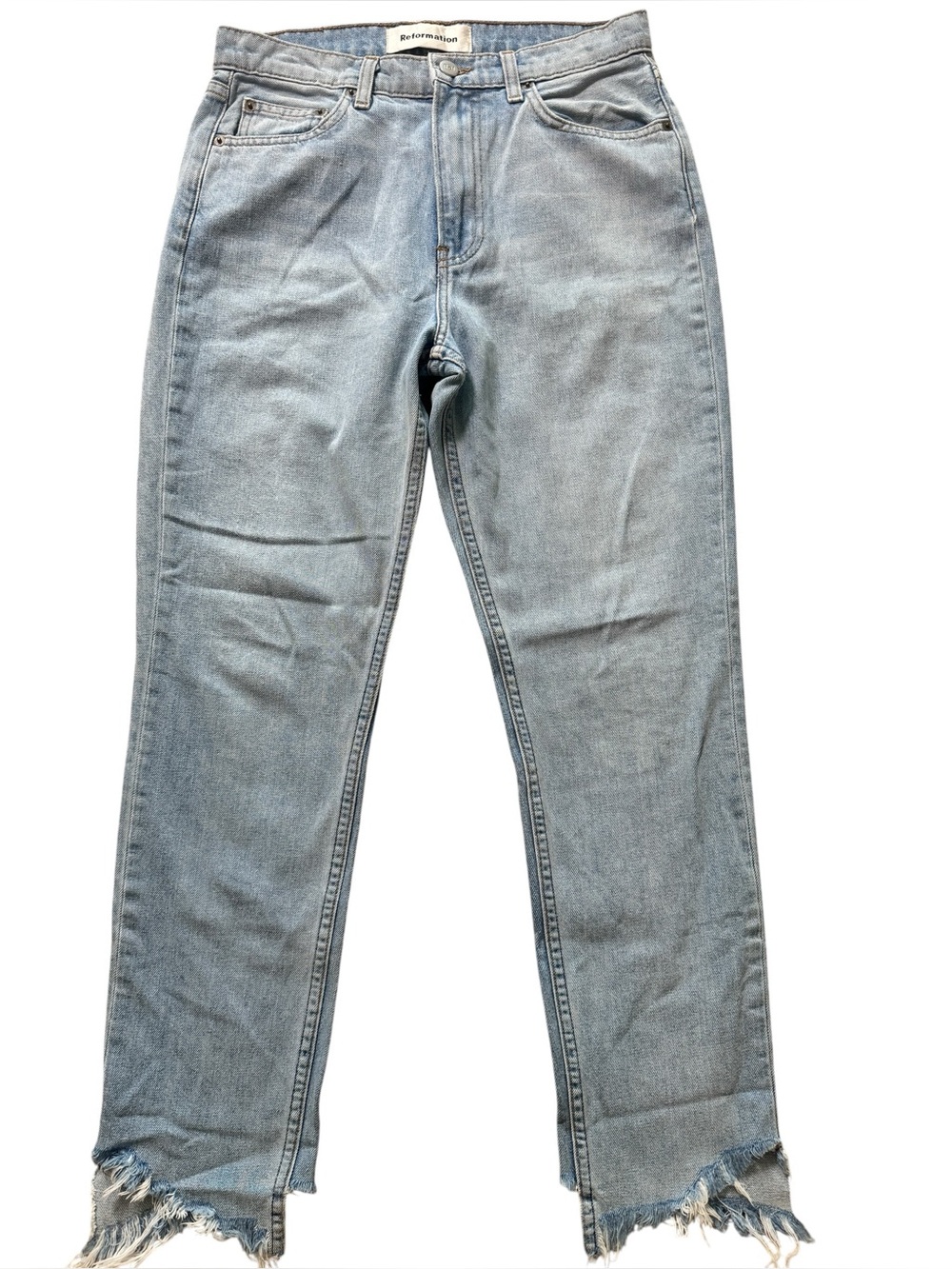 Reformation Light Wash Straight Jeans with Frayed Hem